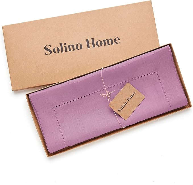 Solino Home Linen Table Runner 108 Inches Long - Classic Hemstitch 100% Pure Linen Violet Dining Table Runner 14 x 108 Inch for Valentines, Spring, Easter