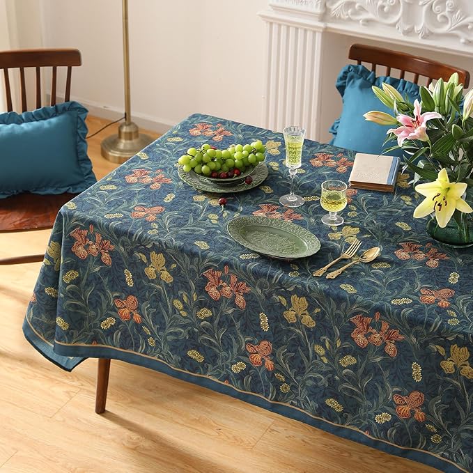 patdrea Designer Vintage Dark Blue Linen Rectangle Tablecloth,French Rustic Floral Pattern Tablecloths,Decorative Table Cover Cloth for Kitchen,Dining,Tea Party,Home,Christmas,67"*118"