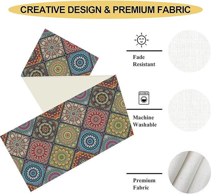 Bohemian Mandala Table Runner, Vintage Colorful Boho Geometric Floral Flower Antique Paisley Rustic Coffee Table Center Decor for Family Kitchen and Living Room Outdoor Table Decorations, 13"x36"