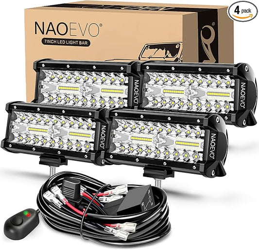 NAOEVO 7 Inch LED Light Bar, LED Off Road/Fog Lights, Work for Truck Tractor Boat ATV UTV, 4 Pcs with 4 Leads Wiring Harness (White)