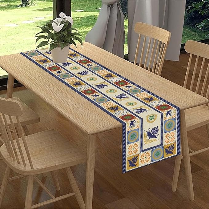 Mexican Table Runner, Blue Floral Birds Mexico Talavera Ceramic Dia De Los Muertos Coffee Table Center Decor for Family Home Kitchen and Dining Farmhouse Indoor Outdoor Table Decorations, 13" X 36"