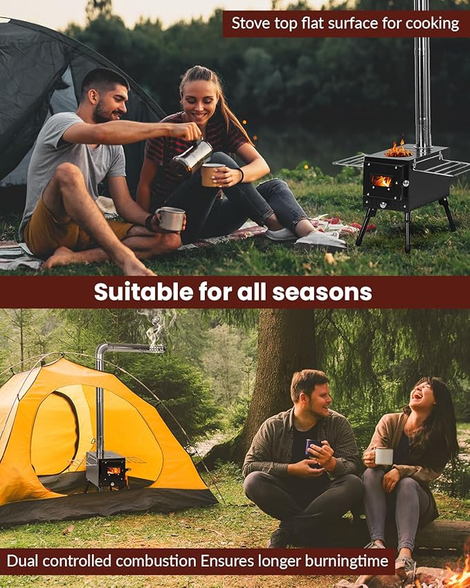 Wood Stove,YRenZ Hot Tent Stove with 7-Section Stainless Steel Chimney, HeatControl Stovepipe and Elbow Pipe, Wood Burning for Outdoor Camping and Ice Fishing