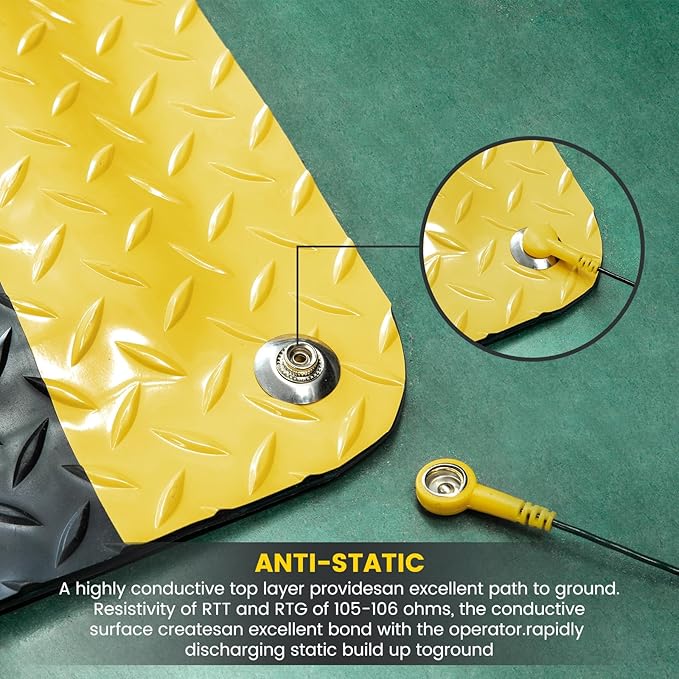 3' x 12' ESD Anti-Fatigue Conductive Mat, Durable Heavy Duty Diamond Plate, Soft Sponge Ergonomic Mat, Non Slip Waterproof Floor Mats for Commercial&Industrial Work Thick 3/4” Black with Yellow Border
