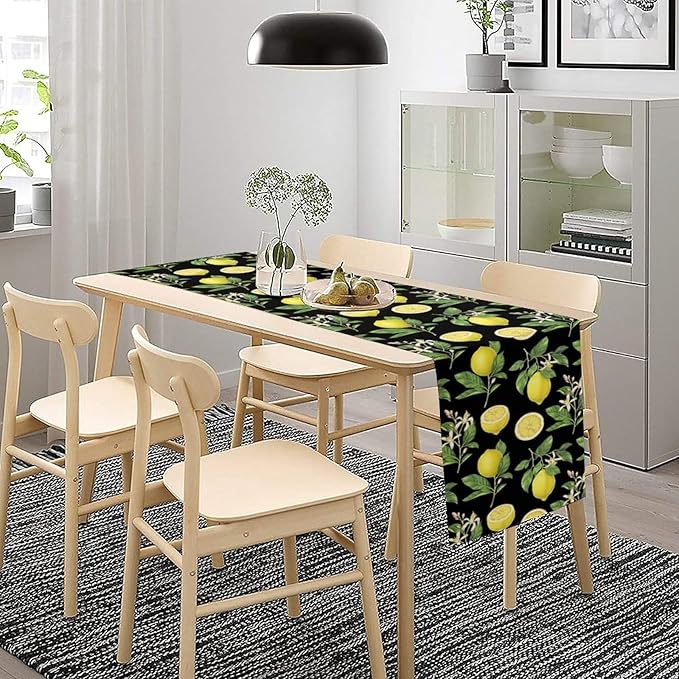 Watercolor Lemon Table Runner, Spring Summer Seasonal Green Leaves Flowers Yellow Fruits Print Table Runner for Farmhouse Kitchen Dining Table Home Party Indoor Decor 13x108in