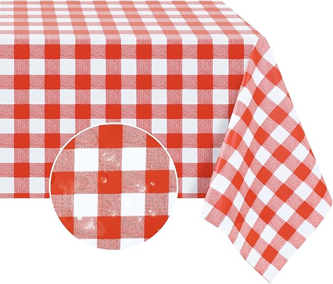 Romanstile Rectangle Vinyl Tablecloth, 100% Waterproof Buffalo Gingham Plastic Table Cloth, Heavy Duty Wipeable Checkered Table Covers for Outdoor, Camping, Picnic, Patio - 60 x 102, Red and White