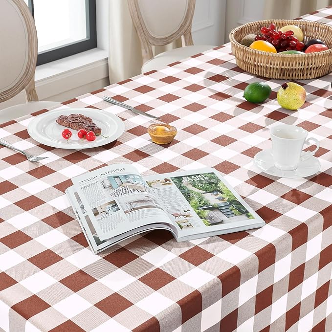Softalker Gingham Checkered Tablecloth Square - Outdoor Waterproof Buffalo Plaid Table Cloth, Stain Resistant Washable Table Cover for Picnic, Camping, Dining - Rust and White, 54 x 54 Inch