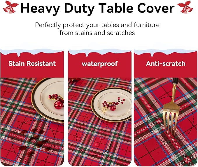Romanstile Christmas Plaid Rectangle Vinyl Tablecloth, 100% Waterproof Checkered PVC Table Cloth, Heavy Duty Xmas Gingham Plastic Table Cover for Dining, Party, Holiday Decor - 54 x 78 Inch, Red