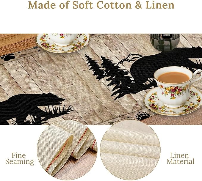 Bear Table Runner, Wild Animals Rustic Cabin Forest Bear Print Wooden Board Table Runner for Dining Kitchen Home 13x120in