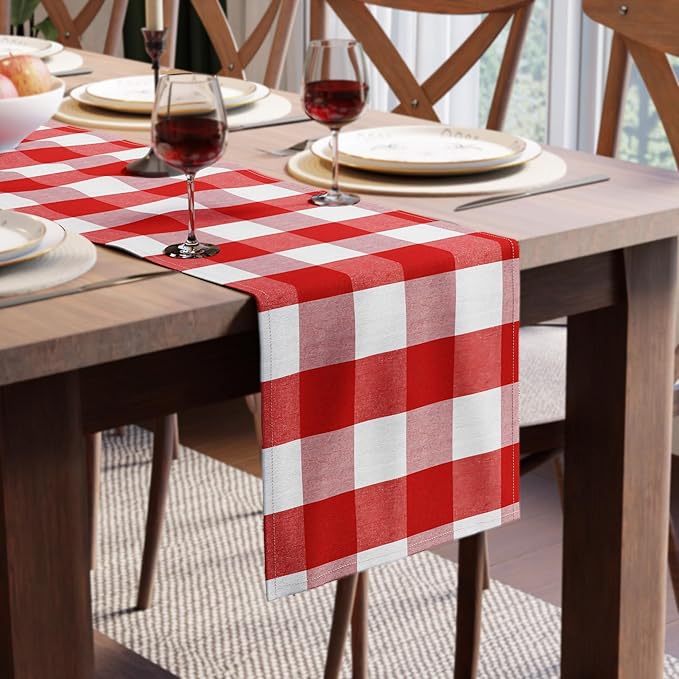 Encasa XO Cotton Dining Table Runner | Buffalo Red Checks | Size 13x72 in - Machine Washable & Durable