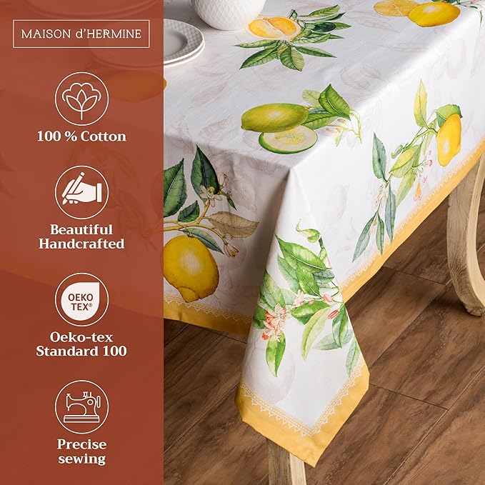 Maison d' Hermine Table Cloth Rectangle Table 100% Cotton 70 x 108 Inches Tablecloth Reusable Decorative for Dining Room, Farmhouse, Home, Party, Festive & Wedding Spring Summer - Limoncello