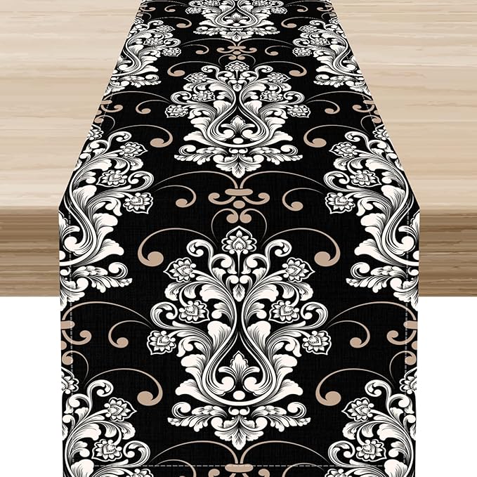 Goth Table Runner, Antique Gothic Damask Pattern Baroque Style Black Floral Flower Exotic Coffee Vintage Table Center Decor for Kitchen and Dining Outdoor Country Party Table Decorations, 13"x90"