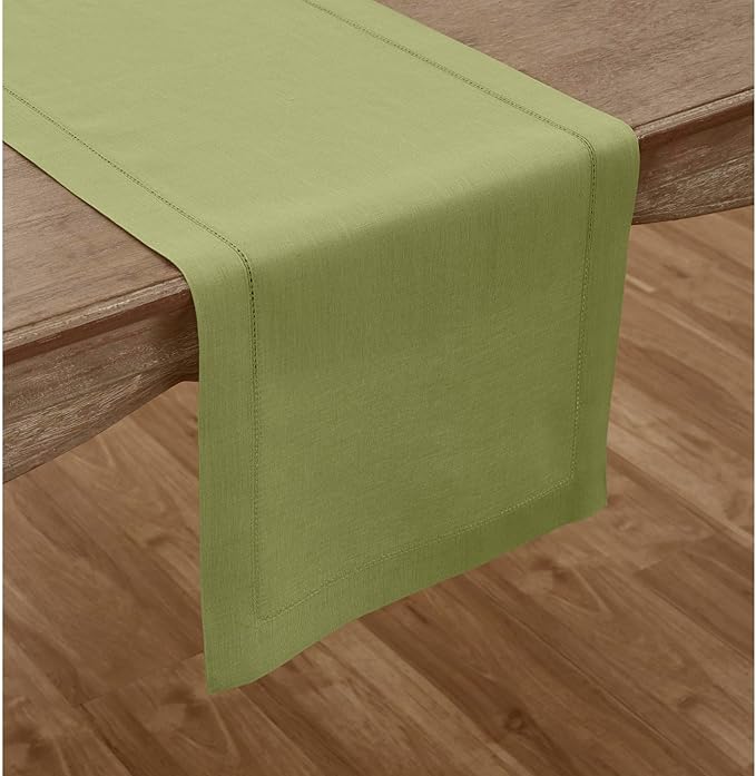 Solino Home Linen Moss Green Table Runner 120 Inches Long - 100% Pure Linen Hemstitch 14 x 120 Inch Table Runner for Dining, Winter, Spring, Easter, St Patricks Day - Classic Hemstitch