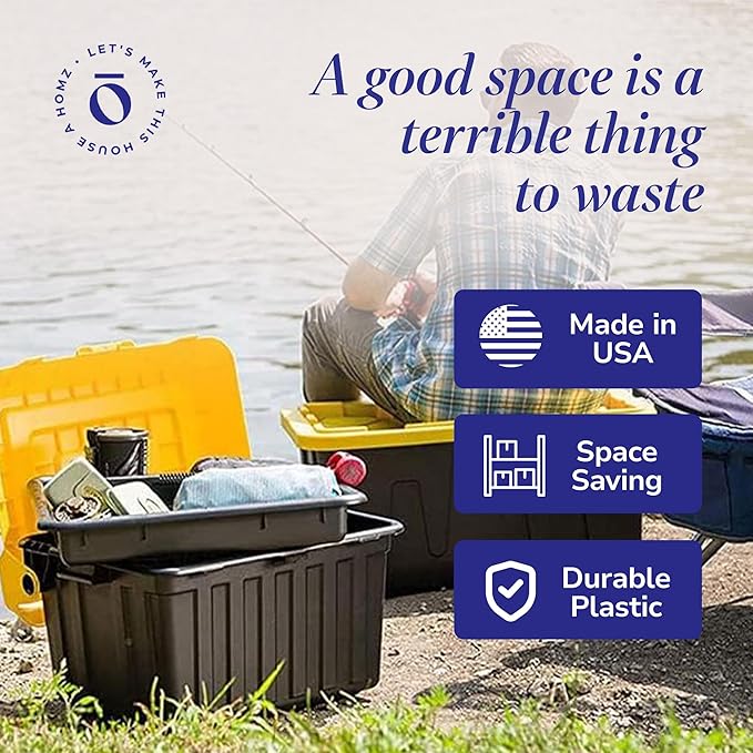 HOMZ 4-Pack Durabilt Tote, Heavy Duty Plastic Storage Bins with Lids, 27 Gallon, Black/Yellow - Stackable Organizing Containers for Home, Garage, and Office