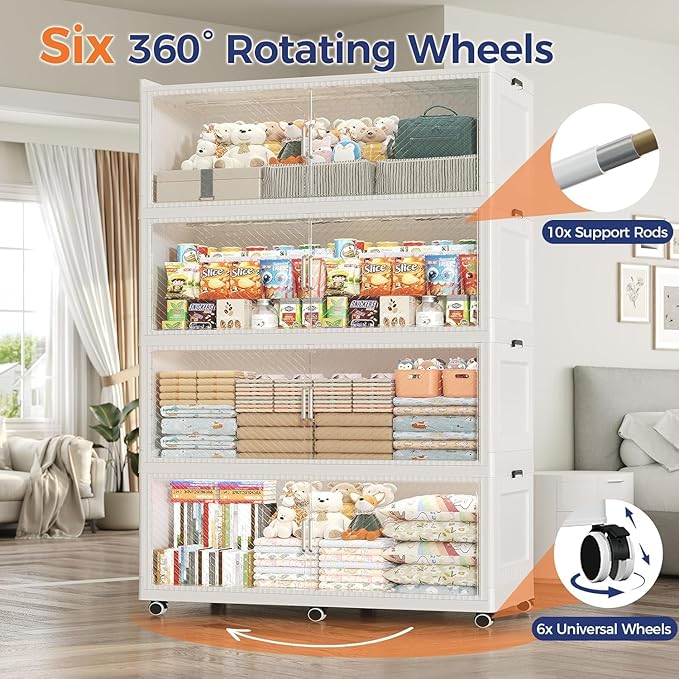 150GAL Extra Large Storage Bins with Lid, 600QT Collapsible Organizer with Wheels, Stackable Closet Cabinet with Doors, Folding Storage Containers for Home, Office, Kitchen, 3Pack White