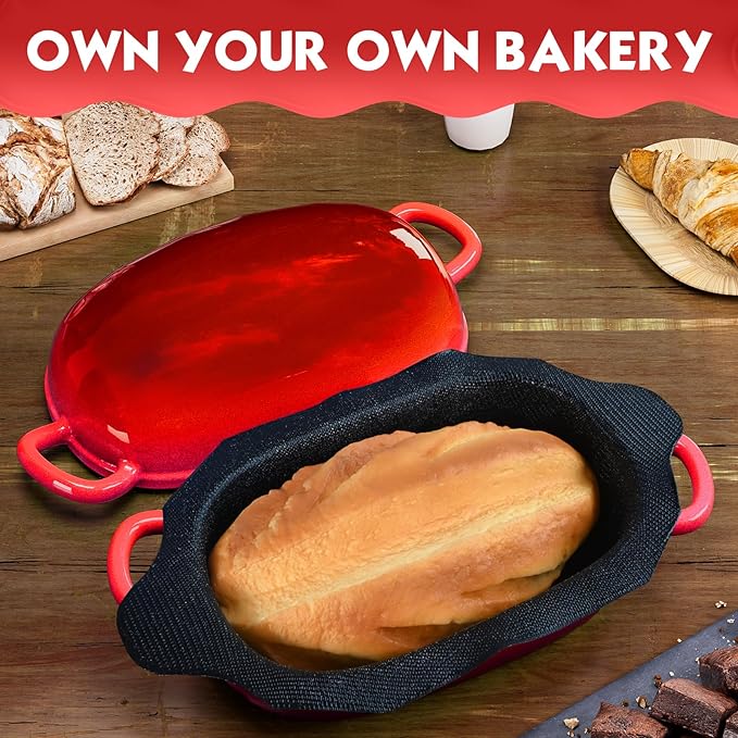 Dutch Oven for Bread Baking - 2.5QT Bread Pans for Homemade Bread with Perforated Non-Stick Silicone Liner Cast Iron Bread Pan Dutch Oven Loaf Pan with Lid and Loop Handle for Homemade Breadmaking,Red