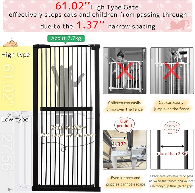Lumizone Extra Tall Cat Gate 61.02" High Pressure Mounted Extra Wide 50.79"-55.11" (17Sizes) 1.37" Gap No Drilling Auto-Close Tall Pet Gate for Dogs (Black, 50.79"-55.11" W)