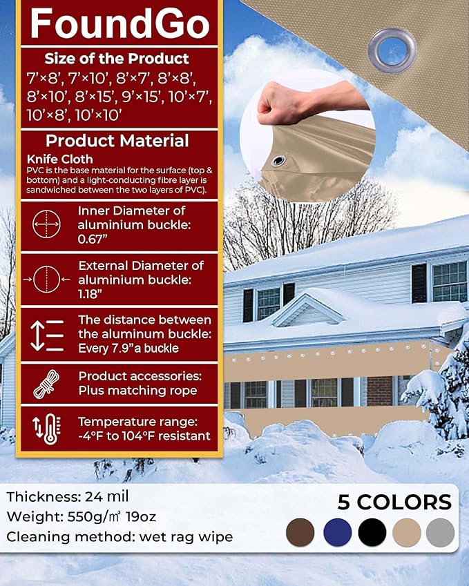 FoundGo 8'Hx8'W Outdoor Vinyl Curtains for Patio,19oz Clear Vinyl Patio Enclosure,Heavy Duty Clear Tarps Waterproof Vinyl Tarp with Grommets for Pergola, Porch,Gazebos,Balcony,-4℉ Cold Resistant