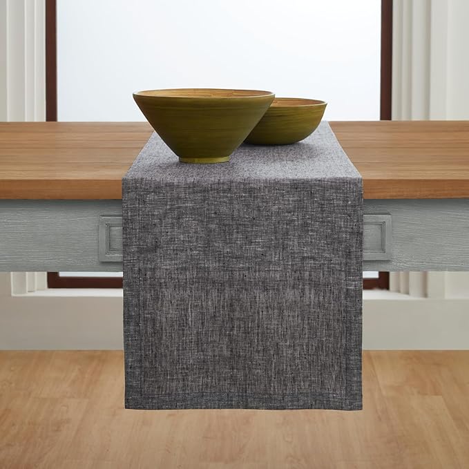 Solino Home Linen Chambray Black Table Runner 90 Inches Long - Athena, 100% Pure Linen Dining Table Runner 14 x 90 Inch for Winter