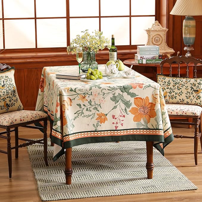 French Long Tablecloth for Rectangle Table,Linen Orange Floral Wrinkle Resistant Tablecloths,Decorative Table Cover for Kitchen,Dining,Tea Party,Thanksgiving,Christmas,63"*94"-Milch
