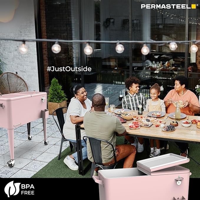 Permasteel 80 Quart Party Cooler, Rolling Ice Chest with Wheels and Handles for Indoor Outdoor Patio