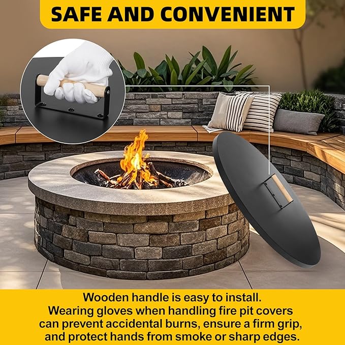 G GOOD GAIN Firepit Lid Round 28 Inch - Rust Resistant Fire Pit Lid Cover with Wooden Handle & Gloves, Fire Pit Snuffer Lid for Courtyards, Patio, Winter Cold Protection.
