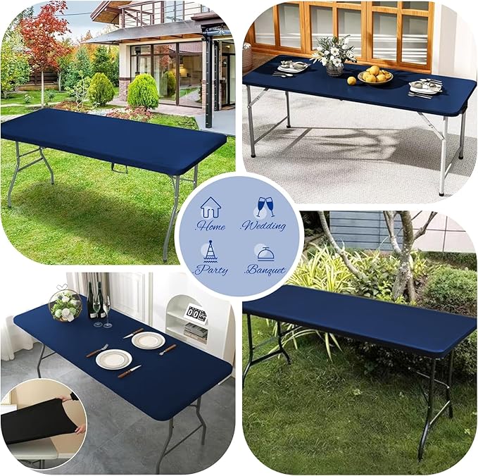 6 Pack Stretch Fabric Table Top Cap Cover, fits 8Ft Tables, Spandex Table Covers Washable Elastic Universal Rectangle Tablecloth Protector for Outdoor Party Picnic Wedding, Navy Blue, 30" W x 96" L
