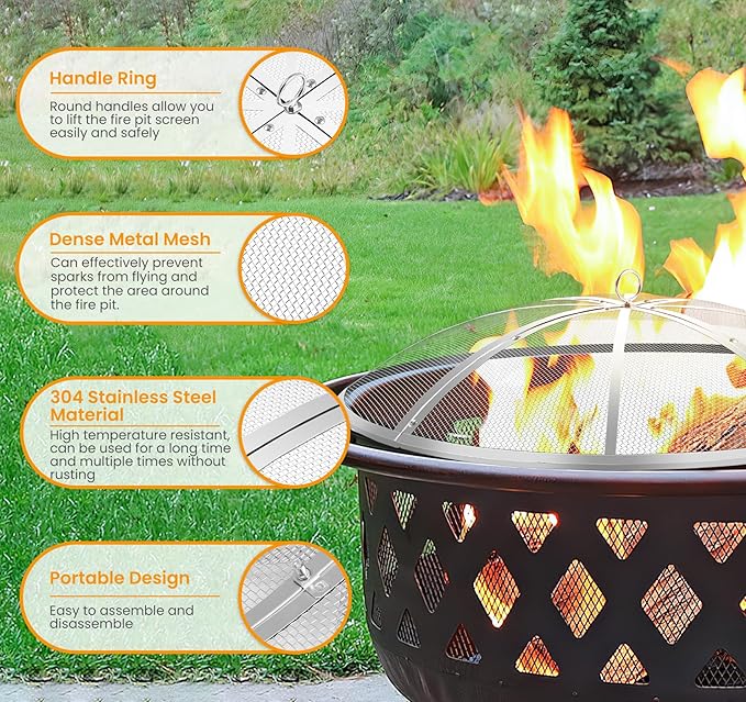 Fire Pit Spark Screen 30 Inch Round, Heavy Duty Stainless Steel Outdoor Fire Pit Screen Cover with Foldable Hook & Marshmallow Sticks, Mesh Spark Protector for Backyard, Camping, Beach