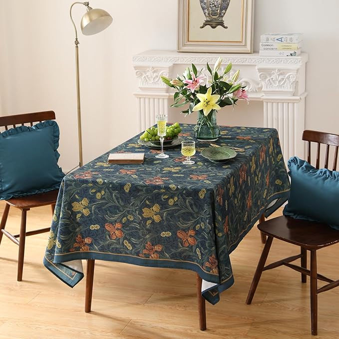 patdrea Designer Vintage Dark Blue Linen Rectangle Tablecloth,French Rustic Floral Pattern Tablecloths,Decorative Table Cover Cloth for Kitchen,Dining,Tea Party,Home,Christmas,67"*118"