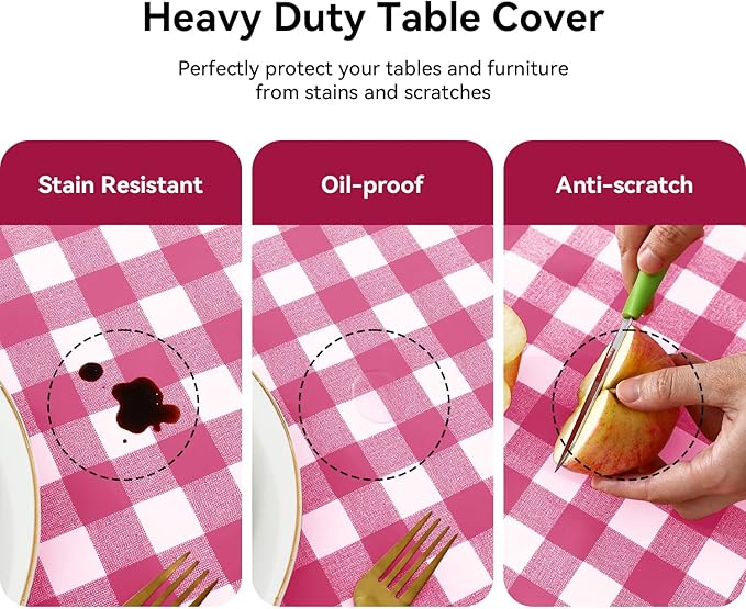 Romanstile Square Vinyl Tablecloth, 100% Waterproof Buffalo Gingham Plastic Table Cloth, Heavy Duty Wipeable Checkered Table Covers for Outdoor, Camping, Picnic, Patio - 54 x 54, Hot Pink