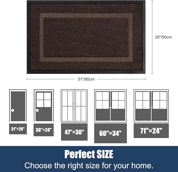 Front Door Mat Outside Entrance Indoor Doormat, 31" x 20" Outdoor Mats for Patio Waterproof, Outdoor Door Mats for Outside Entry, Indoor Rugs for Entryway, Sturdy Natural Rubber Entry Mat, Brown