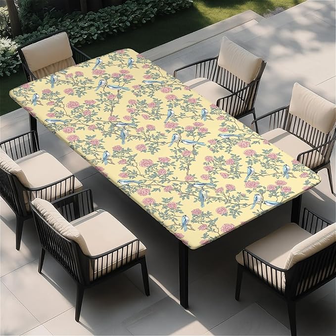 Rectangle Table Cloth Cover Waterproof Elastic Fitted Polyester Fitted Tablecloths for 6 Foot Tables for Indoor,Picnic, Camping, Outdoor （72" x 30"，Bird）