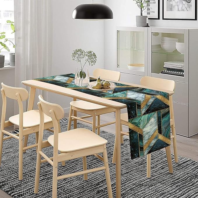 Marble Table Runner, Dark Green Gold Modern Mosaic Design Table Runner Decoration for Kitchen Family Dinner Table Holiday Party Farmhouse 13x90in
