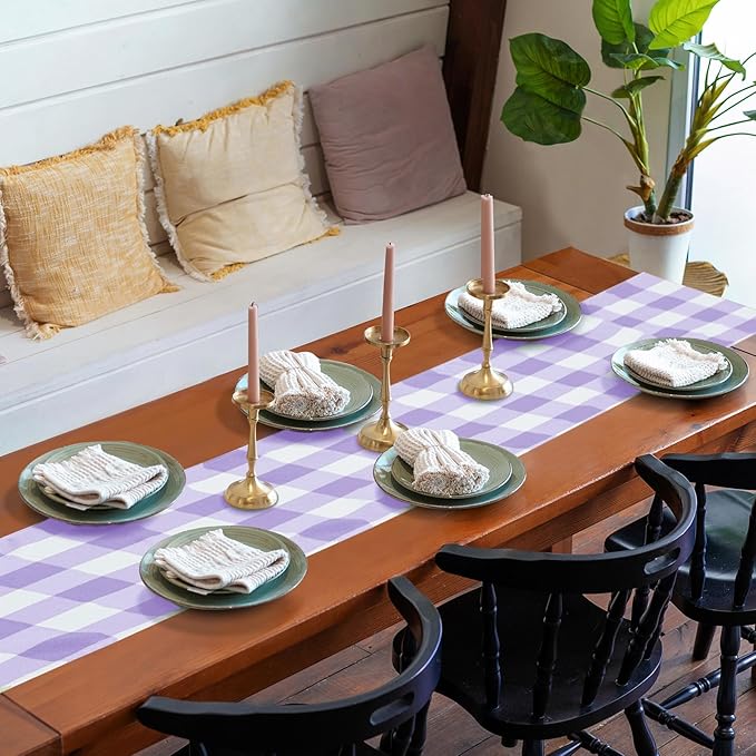Fabric Checkered Table Runner 6 Pack Waterproof Gingham Table Runner 14W x 108L Buffalo Check Table Runners for Parties Kitchen Dining Wedding Banquet (Lavender and White)