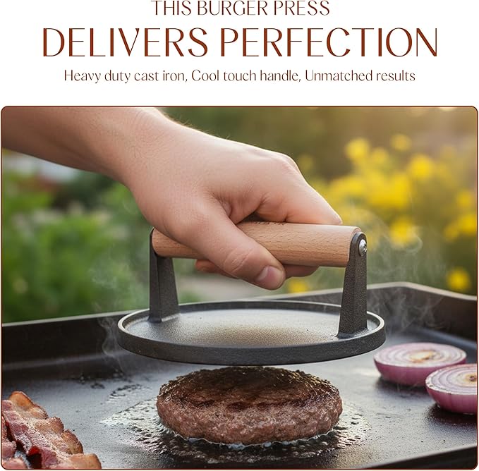 Bellemain Heavy Duty Cast Iron Smash Burger Press 7" Round Grill Press for Cooking Burgers, Bacon, Sandwiches, Steak, BBQ, Ground Beef, Meats, Sausages, and So On