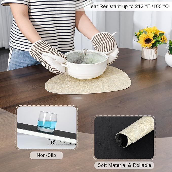 Placemats and Coasters, Washable Reversible Placemats Round Faux Leather Wipeable Place Mats Non Slip Heat Resistant Indoor Outdoor Table Mats (Set of 4, Cream Black)