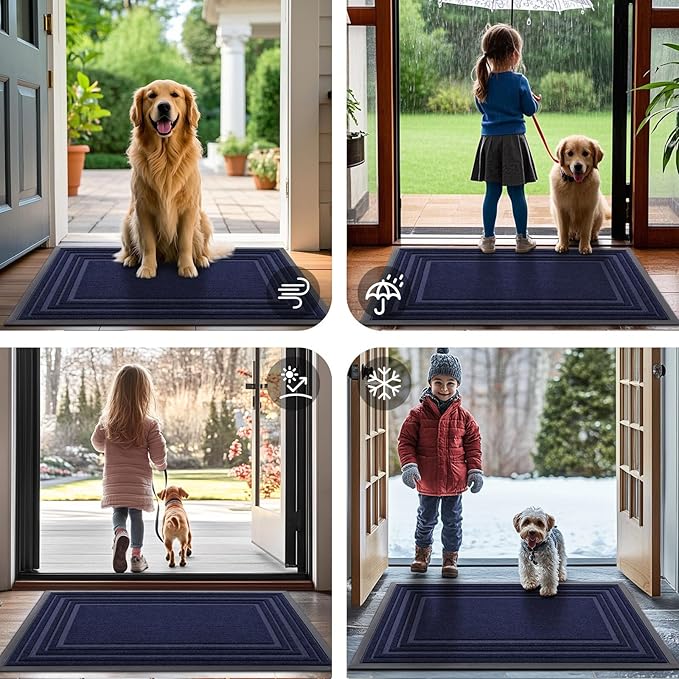 Buganda Front Door Mat Indoor Outdoor Entrance, Non-Slip Natural Rubber Doormats, Easy Clean, Low Profile, Dirt Trapper Entryway Floor Mats for Outside, Garages and Patios, 47x24, Navy
