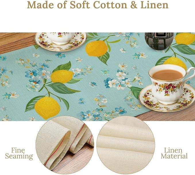 Farmhouse Lemon Fruit Table Runner,Nature Aesthetic Blue Flowers Plant Farmhouse Dining Table Decoration for Home Holiday Party Dresser Kitchen Cabin Restaurant Wedding Decor 13×120in