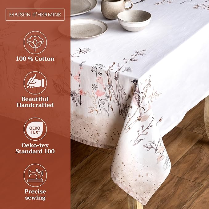 Maison d' Hermine Table Cloth Rectangle Table 100% Cotton 70 x 108 Inches Tablecloth Reusable for Dining Room, Farmhouse, Home, Party, Festive & Wedding Spring Summer - Meadow Florals - Brown
