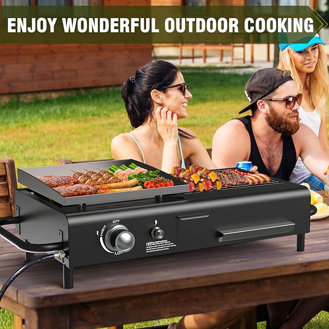 Tabletop Propane & Charcoal Grill Combo, 12,000 BTU Dual Fuel Flat Top Griddle with Dual Lids, 2 Side Shelves & Cast Iron Cooking Area – Compact BBQ Grill for Patio, Camping, and Small Outdoor Spaces