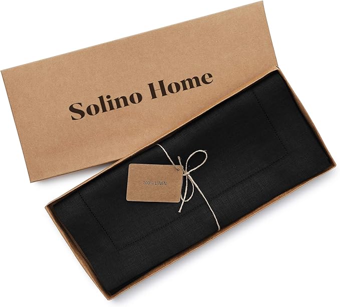 Solino Home Linen Black Table Runner 72 Inches Long - 100% Pure Linen Hemstitch Table Runner 14 x 72 Inch for Dresser, Dining, Spring, Easter - Classic Hemstitch
