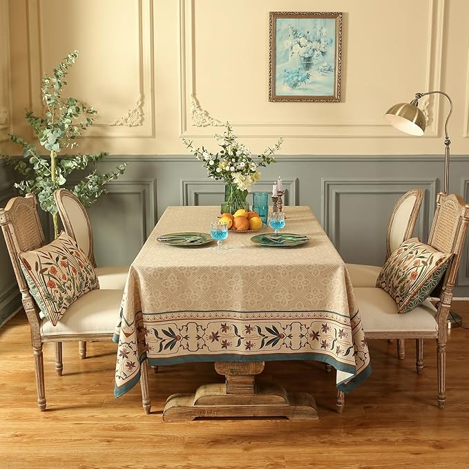 patdrea Designer Linen Extra Long Tablecloth for Rectangle Table,Beige Anti-Wrinkle Durable Floral Farmhouse Table Cloth,Decor Covers for Kitchen Dining,Christmas,Thanksgiving,63"x110"-Fram