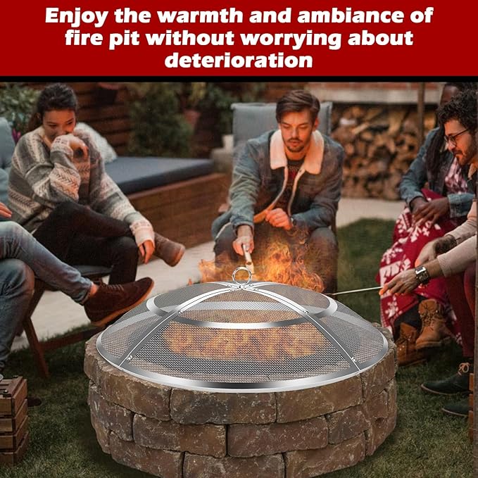 Fire Pit Spark Screen,24 Inch Fire Pit Screen Cover Stainless Steel Outdoor with Handle&Poker,Firepit Screens Cover Round Mesh Lid Heavy-Duty Steel Replacement for Backyard/Beach/RV Camping