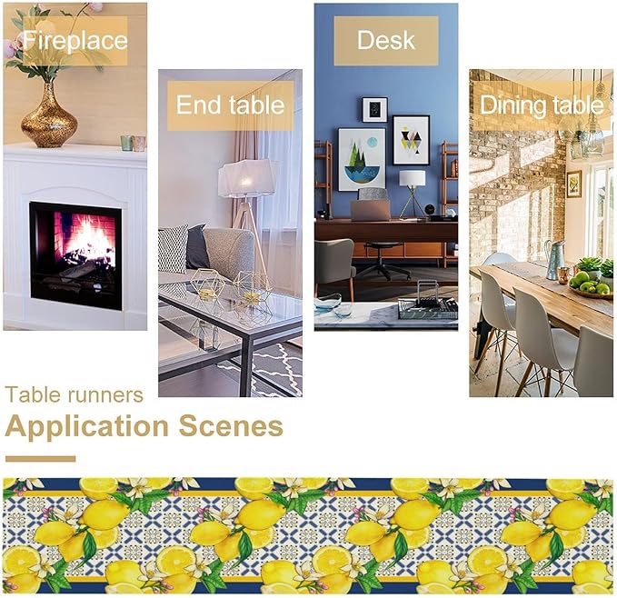 Yellow Lemon Table Runner, Spring Summer Seasonal Blue Tiles Watercolor Lemon Table Runner for Farmhouse Kitchen Indoor Outdoor Party Decor, 13x108inch