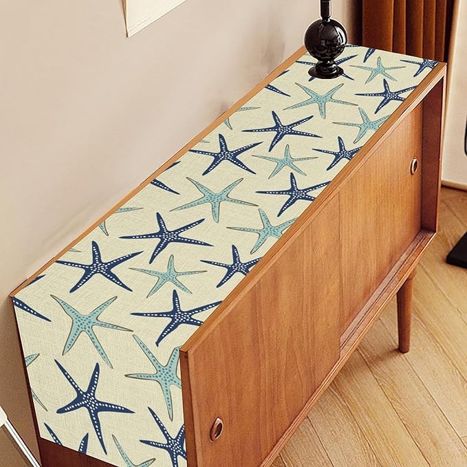Blue Starfish Table Runner,Nautical Beach Ocean Table Runner Seasonal Holiday Home Kitchen Dining Table for Home Party Decor 13"x108"