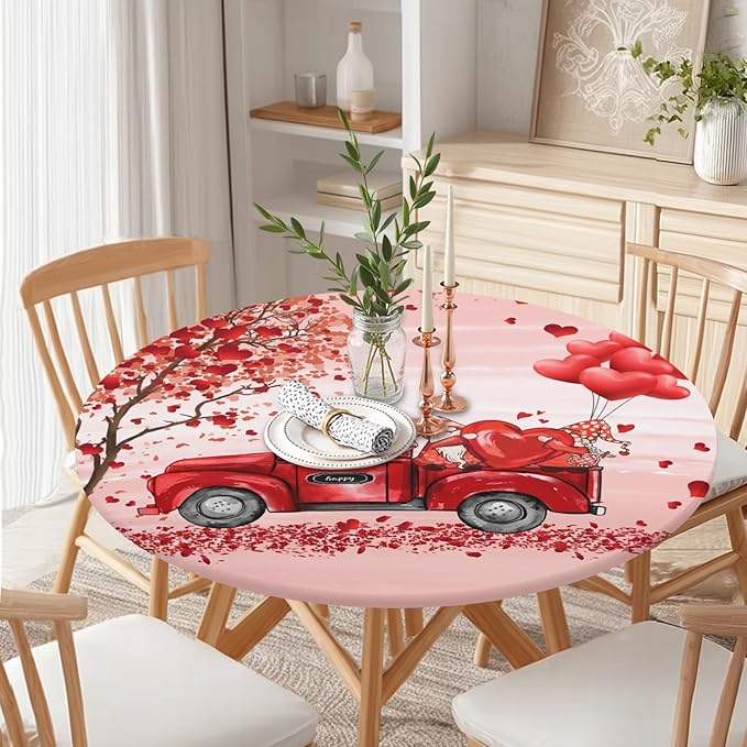 Valentines Day Round Fitted Tablecloth with Elastic Pink Red Heart Circle Table Cloth for 48-52" Round Tables Wipeable Waterproof Washable Gnome Truck Valentine Table Cover for Dining Picnic Party