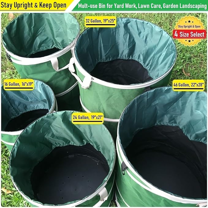 24 Gallon and 46 Gallon Collapsible Trash Can Solid Bottom for Yard Waste Bag,Garden Debris Bag,Pop-Up Trash Can,Recycling Bin,RV Camping Waste Bin,Laundry Hamper,Lawn Grass,Yard Weeds Bags,Leaf Bags