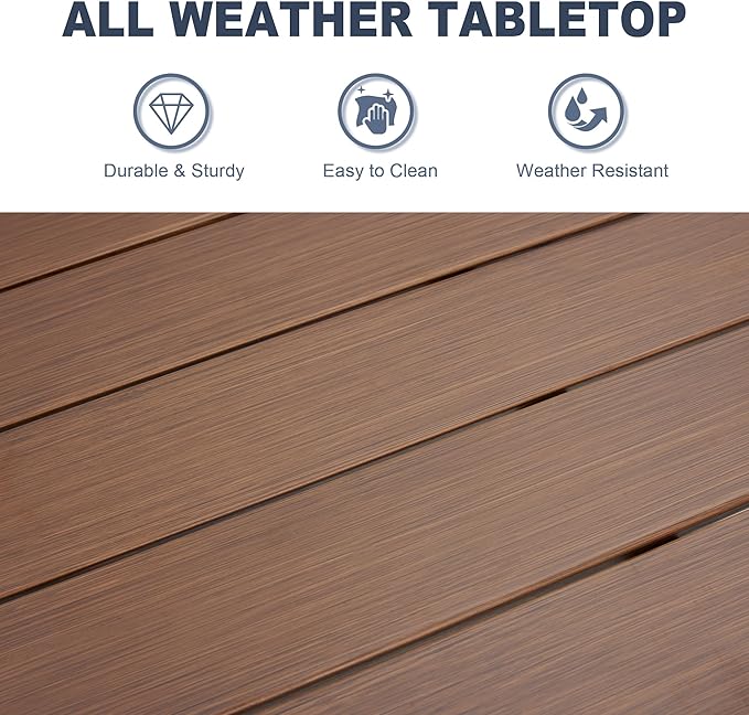 VICLLAX Patio Dining Table for 4 Square Metal Outdoor Table with Umbrella Hole and Storage Shelf for Garden Lawn Balcony Deck, Walnut