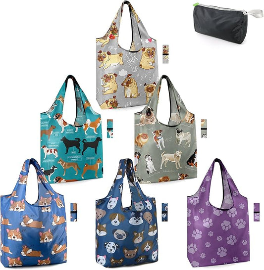 BeeGreen Dog Lover Gifts for Women Animals Reusable Grocery Bags Shopping Bags Bulk 6 Pack 50LBS X-Large Foldable-Machine Washable Shepherd Collie Bulldog Dog Paws Pet Bags