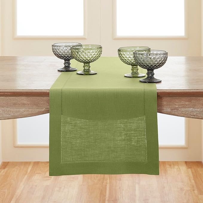 Solino Home Linen Moss Green Table Runner 120 Inches Long - 100% Pure Linen Hemstitch 14 x 120 Inch Table Runner for Dining, Winter, Spring, Easter, St Patricks Day - Classic Hemstitch