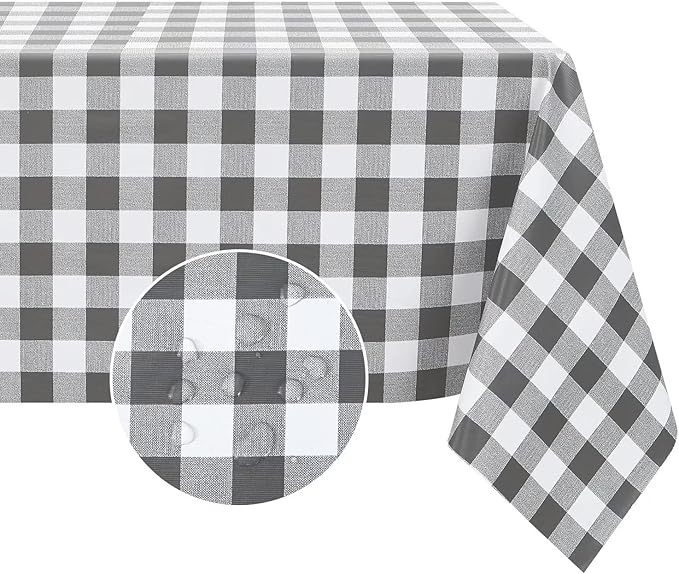 Romanstile Square Vinyl Tablecloth, 100% Waterproof Buffalo Gingham Plastic Table Cloth, Heavy Duty Wipeable Checkered Table Covers for Outdoor, Camping, Picnic, Patio - 54 x 54, Grey and White